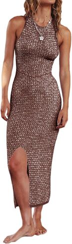Saodimallsu Womens Tie Backless Midi Dress Sleeveless Bodycon Slit Open Back Knit Sexy Halter Beach Cover Ups in Saudi Arabia