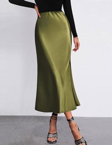 HOTOUCH Womens Midi Skirt High Waisted Solid Satin Dress Zipper Elegant Work Skirts in Kuwait