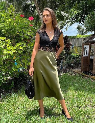 HOTOUCH Womens Midi Skirt High Waisted Solid Satin Dress Zipper Elegant Work Skirts in Kuwait