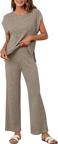NORACORA 2 Piece Lounge Sets for Women Sweater Knit Cap Sleeve Tops Wide Leg Pants Set Casual Loungewear Matching Outfits in Saudi Arabia