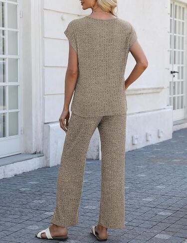NORACORA 2 Piece Lounge Sets for Women Sweater Knit Cap Sleeve Tops Wide Leg Pants Set Casual Loungewear Matching Outfits in Saudi Arabia
