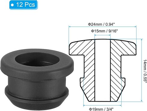 PATIKIL 19mm / 3/4 Inch Drill Hole,9/16 Inch ID Rubber Grommets, 12Pcs Top Hat Grommet for Wiring Eyelet Ring Gasket Automotive Firewall Cable Hole Plugs Wires Protection, Black in Kuwait