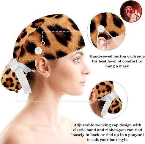 1 Pack Surgical Cap with Hair Scrunchy, Scrub Hat Ponytail Holder for Women, Animal Leopard Print Patterns in Saudi Arabia