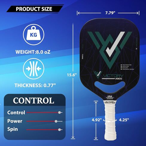 Victory Vibes Pickleball Paddles - Ergonomic Pickleball Paddles Carbon Fiber Increased Spin with Precise Shots, Honeycomb Polypropylene USA Approved Pickle Ball Rackets for Adult - Blue in Saudi Arabia