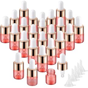 JIUWU Dropper Bottle,1 ML Droppers for Oils,Perfume Bottles with 5 Funnels,25 Pack Glass Bottle with Dropper for Cuticle Oil,Clear Travel Bottles for Flower Oils/Blessing Oils(Pink)