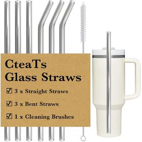 Reusable Straw for Stanley 40 oz 30 oz Cup Tumbler Replacement Stanley Straw 6 Pack Clear Glass Straw with Cleaning Brush Stanley Cup Accesspries