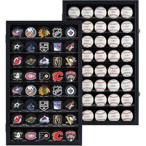 40 Hockey Puck Display Case Cabinet Holder Rack Baseball Display Case Ball Cubes Storage Cabinet with UV Protection Door Lockable, Black Finish Frame