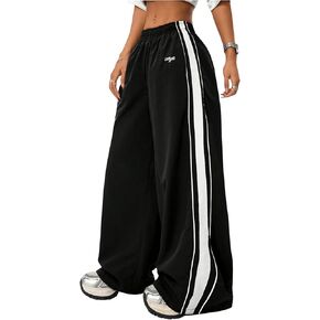 Women's Striped Colorblock Baggy Sweatpants Letter Print Wide Leg Elastic Waist Track Pants Trousers