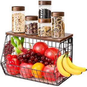 Livabber Fruit Basket for Kitchen, Metal Fruit Vegetable Storage Bin with 2 Banana Hangers, Countertop Wire Basket Organizer for Fruit Snack Potato Onion, Wall Mounted or Stand (Black, 1 Pack)