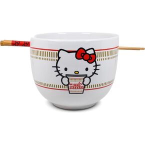 Hello Kitty Cup Noodles Japanese Ceramic Dinnerware Set | Includes 20-Ounce Ramen Bowl and Wooden Chopsticks | Asian Food Dish Set For Home Kitchen | Kawaii Anime Gifts, Official Sanrio Collectible