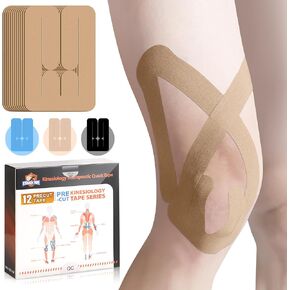Kinesiology Tape for Knees & Thighs, 12 Count Knee Tape for Knee Pain Relief Pre Cut, KTQUICK Original Cotton Waterproof & Breathable, Enhance Elastic Athletic Knee Tape for Knee & Thighs Stability