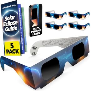 Medical king Solar Eclipse Glasses Approved 2024, (5 PACK) CE and ISO Certified Safe Shades for Direct Sun Viewing + Bonus Eclipse Guide With Map