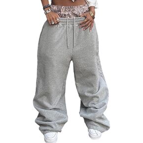 Women's Drawstring Baggy Pants Double Waist Patchwork Straight Gray Sweatpants with Pockets