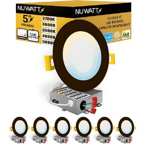 NUWATT 6 Pack, 6 Inch Ultra-Thin Bronze LED Recessed Lighting, 5CCT 2700K/3000K/3500K/4000K/5000K Selectable, 1050LM, 15W, IC Rated, Damp Rated, Dimmable Canless Slim Wafer Light with Metal J-Box, ETL