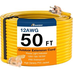 BBOUNDER Outdoor Extension Cord 50 FT Waterproof, 12/3 SJTW Heavy Duty 15A 1875W, Flexible 100% Copper 3 Prong Cords for Commercial Use and High Power Appliance, Yellow