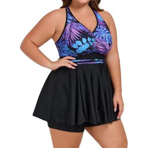 Theenkoln Plus Size Two Piece Tankini Swimsuit V Neck Tummy Control Bathing Suits Flowy Swimdress with Shorts