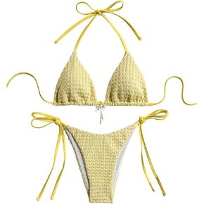 Women's Y2K 2 Piece Bikini Set Textured Thong Bikini Sexy High Cut Bathing Suit Triangle String Swimsuit Beachwear