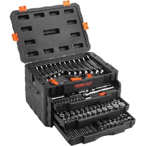 VEVOR Mechanics Tool Set and Socket Set, 1/4" 3/8" 1/2" Drive Deep and Standard Sockets, 450 Pcs SAE and Metric Mechanic Tool Kit with Bits, Combination Wrench, Hex Wrenches, Accessories, Storage Case