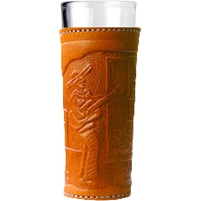 Needzo Mexican Shot Glasses, Carved Brown Genuine Leather Holder with Man Playing Guitar Design, Western Party Decorations, Collectible Glass for Home-Bar, 1 Ounce