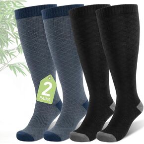 Plus Size Compression Socks for Women Wide Calf (2 Pairs) 15-20mmHg Bamboo Viscose Knee High Sock Support for Nurses Pregnancy Travel XXL（Black&Blue）