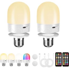 USB Rechargeable Light Bulb With Remote Control, E26 Battery Operated Light Bulb for Lamps RGB Color Changing Bulb 12 Color Temperature Dimmable 3 Timers Cordless magnetic Night Light, 800Lm,2 PACK