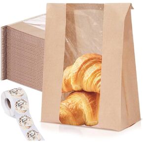 100PCS Bakery Bags with Tin Tie Tab, 14 x 8.3 x 3.5 Inch Bread Bags for Homemade Bread Sourdough Bread Bags with Clear Window Brown Paper Cookie Bags with Seal Pastry Bags for Baked Goods