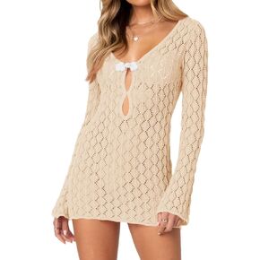 Saodimallsu Womens Crochet Cover Up Long Sleeve Sexy Bodycon Sheer Knit Summer Beach Swimsuit Coverup Mini Dress