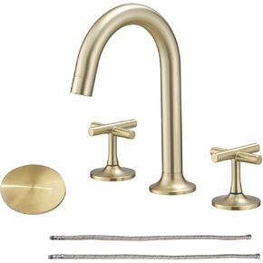 BWE 8 Inch Widespread Bathroom Faucet Brushed Gold Bathroom Sink Faucet 3 Holes Two Cross Handles High Arc Basin Faucet with Pop Up Drain Assembly