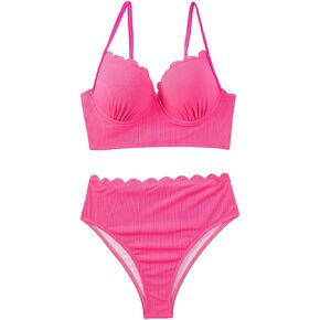 WDIRARA Women's 2 Piece Swimsuit Set Scallop Trim Spaghetti Strap Push Up High Waist Bikini Set in Kuwait