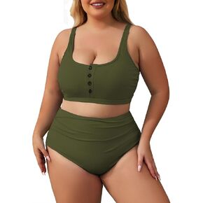 Zando Womens Plus Size High Waisted Bikini for Curvy Women Two Piece Swimsuit Scoop Top Tummy Control Bathing Suit Swimwear