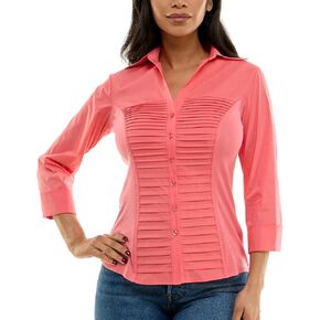 Zac & Rachel Women's 3/4 Cuff Sleeve Button Down Top with Ribbed Knit Inserts for a Comfortable Fit