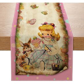 Vintage Easter Table Runner Easter Decorations - Pink Vintage Style Rabbit and Girl Happy Easter Spring Home Kitchen Dining Table Decor, Easter Party Decorations 13x72 Inch