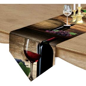 Burlap Table Runner Dresser Scarves Red Wine Glass Wooden Barrel Grape Durable Linen Table Runner for Table, Farmhouse, Outdoor Party Wedding Decor 13 x 90 Inches Long