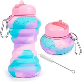 Donut Collapsible Kids Water Bottles For School Girls 20oz BPA Free Leakproof Silicone Foldable Water Bottles for Student Toddler Sports Travel w/ Flip Spout, Birthday Gift for Girls Pink 600ml