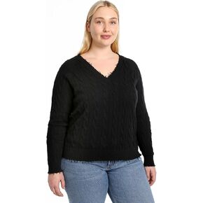 Minnie Rose Women's Long Sleeve V Neck Cotton Cable Frayed SweaterÊÊ in Kuwait