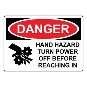 ComplianceSigns.com Danger Hand Hazard Turn Power Off Before Reaching in OSHA Safety Label Decal, 5x3.5 in. Vinyl 4-Pack
