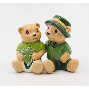 Fine Ceramic Irish St. Patrick Teddy Bear with Shamrock Prints Design Salt & Pepper Shakers Set, 3-1/2"