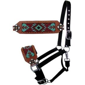 Showman Bronc Halter w/Turquoise & Burgundy Beaded Navajo Design