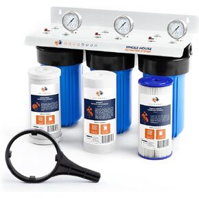 Aquaboon 3-Stage Whole House Water Filter System for Sediment & Odors Reduction Comes with 10" House Water Filters, Wrench, Bracket, Gauge & Release