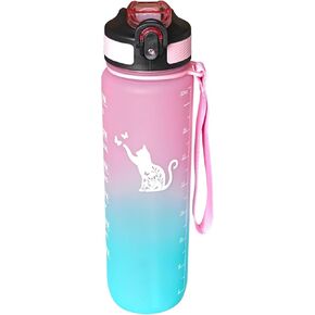 Floral Cat Water Bottle with Straw, Carry Strap, LeakProof, Tritan BPA Free, 32 Oz Motivational Water Bottle with Time Marker to Ensure You Drink Enough Water for Gym Fitness Outdoor