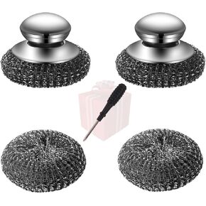 2 Pack Steel Wool Scrubber with Handle - Includes 2 Replacement Pads, Heavy Duty Metal Dish Scrubber for Cleaning Dishes, Cast Iron, Pans, Griddles, and BBQ Grills