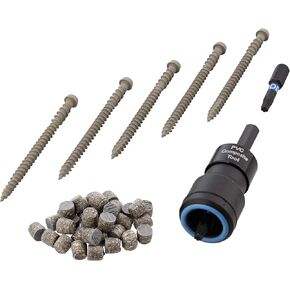 Pro Plug System Plugs and Epoxy Screws for Trex Pebble Grey Decking, 165 Plugs for 100 lin ft (Covers 40 sq ft), 150 Epoxy Screws and Pro Plug PVC Tool (1)