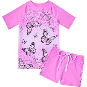 Idgreatim 3-8 Years Girls Swimsuit Rash Guard Set Short Sleeve Two Piece Bathing Suit Summer Beach UPF 50+ Swimwear