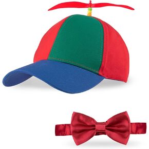 Framendino, Rainbow Propeller Hats Detachable Helicopter Top Cap Blue Brim Baseball with Adjustable Red Bow Tie for Adult Costumes