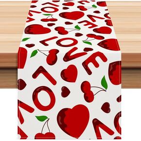 mdgfge Valentine's Day Table Runner 13 x 72 Inch, Love Letter Red Hearts Cherry Design Table Cover Decorative for Valentine's Day Engagement Dating Dinner Party Home Table Decor Supplies