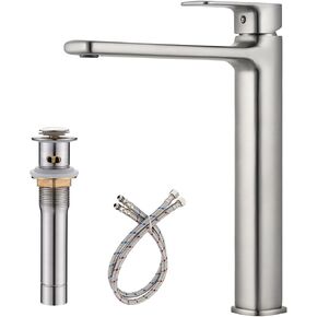 NEWATER Brass Tall Vessel Bathroom Sink Faucet Single-Handle 1-3 Hole Vanity Faucets Basin Mixer Tap Rv Commercial Lavatory Faucet with Metal Pop Up Drain & Supply Lines，Brushed Nickel