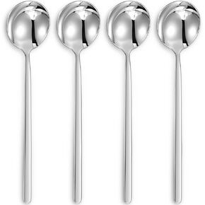 KEAWELL Premium Korean Soup Spoons with Long Handles, Set of 4, 18/10 Stainless Steel, Dishwasher Safe (Plain)