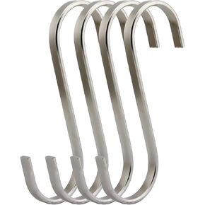 Premium 4-Pack Size Extra Large Brushed Stainless S Hooks Kitchen Pot Pan Hanger Clothes Storage Rack, XXL/Flat, Metal