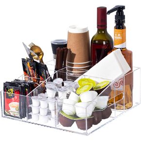 Acrylic Coffee Station Organizer - Spacious 12 inch Clear Countertop Holder with Handle, Coffee Bar Organizer for K-Cup, Pod, Creamer, Syrup and Condiment Accessories | Home & Office Decor