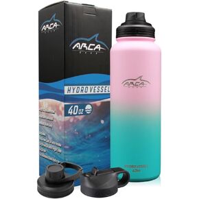 Stainless Steel Water Bottle With 2 Lids (Straw & Sport) - Sport Bottles for Men, Women & Kids - Double Walled, Insulated Thermos (Ombre - Pink & Green, 40 oz)